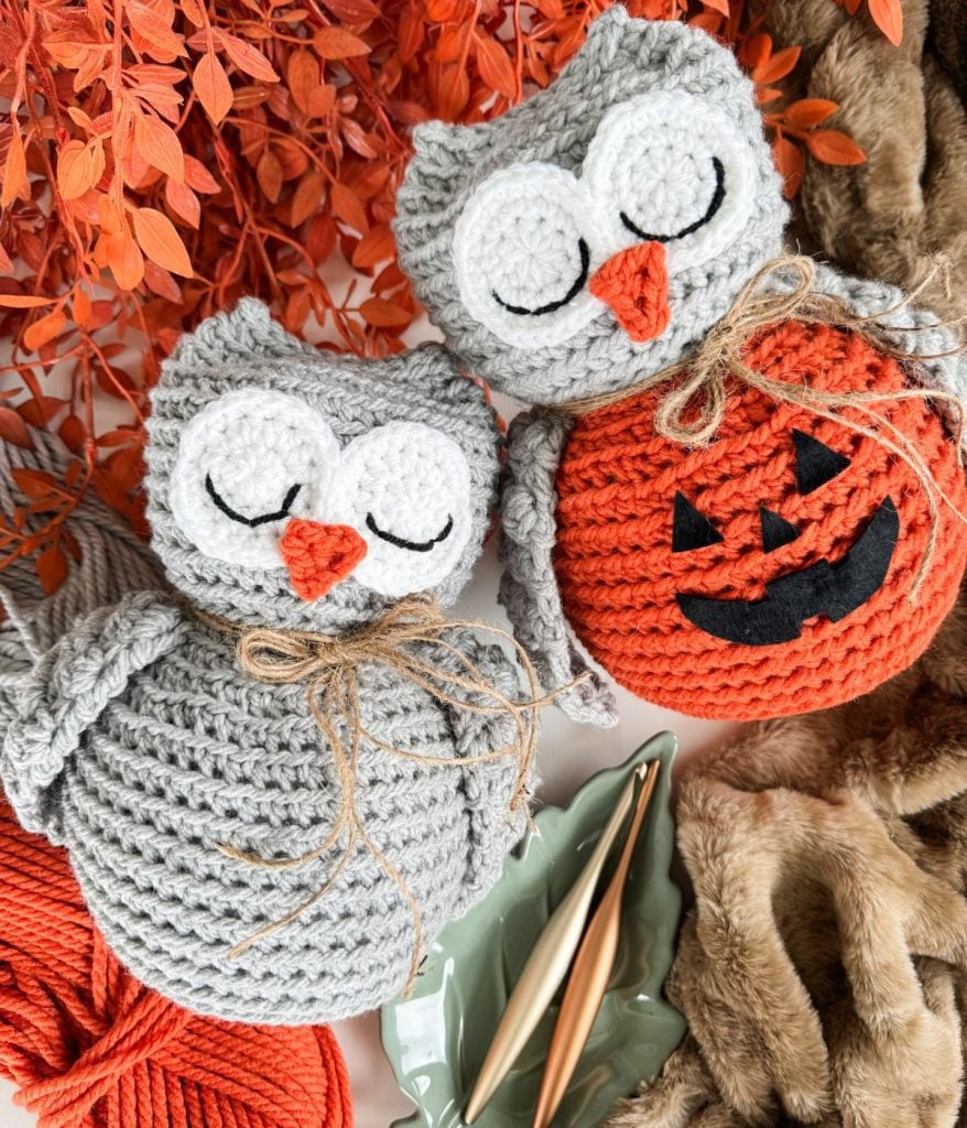 Two crocheted owls with closed eyes, one holding an orange pumpkin with a jack-o'-lantern face, are surrounded by yarn, crochet hooks, and autumn leaves—an adorable scene perfect for any Owl Crochet pattern enthusiast.