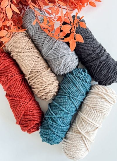 Six skeins of yarn in red, beige, gray, black, teal, and cream arranged in a circle on a white surface with orange leaves above them—perfect shades for your next crochet mushroom project.