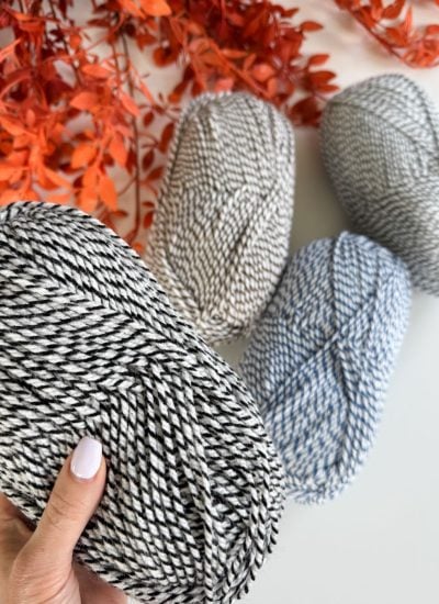 A hand holds a skein of black and white variegated yarn, with three other skeins in beige, light gray, and blue on a white surface—perfect colors to use with the easiest crochet beanie or free crochet pattern. Orange foliage accents the background.