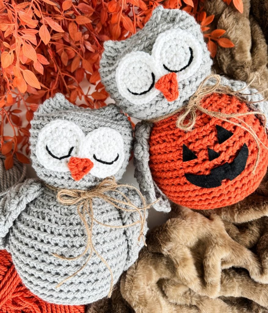 Two crocheted owls with closed eyes and twine bows lie on a textured surface; one owl, made from an Owl Crochet pattern, sits on a pumpkin with a Jack-o’-lantern face, surrounded by orange foliage.