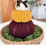 A decorative arrangement features three chunky Herringbone Pumpkins in white, yellow, and burgundy, stacked on a woven tray with moss and displayed on a table.