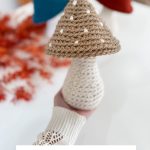 Hand holding a crochet mushroom with a brown cap and white stem; two more crochet mushrooms in blue and red are blurred in the background. Text overlay: "Rustic Farmhouse Mushrooms.