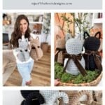Collage featuring a woman holding crochet cat dolls and close-ups of three crochet cats in gray, black, and beige with ribbon bows, labeled "Rustic Farmhouse Cat Crochet Pattern & Video.