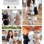 Collage showing a woman holding adorable Crochet Cat farmhouse-style dolls in neutral colors, with close-ups of the cats and text advertising a crochet pattern and video tutorial.
