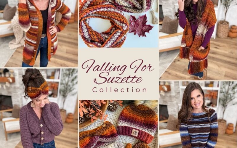 A collage displays women modeling autumn-themed knitwear and accessories from Mjs Off The Hook Designs in orange, brown, and purple hues, with hats, scarves, a sweater, headband, and the text "Falling For Suzette Collection.