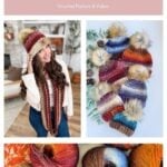Collage featuring a woman wearing a chunky crocheted beanie and scarf, colorful Chunky Suzette Stitch Beanies with faux fur pom-poms, and close-ups of yarn skeins.