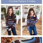 Woman wearing a Suzette Raglan striped crochet sweater in blue, brown, and white tones; close-up detail of the sweater’s yoke; living room background.