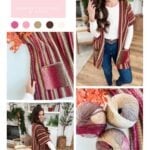 A woman models a striped crochet ruana in shades of burgundy, pink, and beige. Close-ups highlight the Suzette Raglan-inspired pattern, pockets, and yarn. A color palette and crochet pattern details are included.