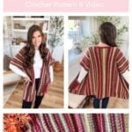 A woman models a striped crochet ruana in red, gold, and cream tones; a close-up shows the yarn and stitch pattern. Text above reads "The Suzette Ruana Crochet Pattern & Video," inspired by the Suzette Raglan design.