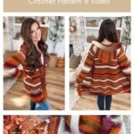A woman models a colorful striped Suzette Raglan crochet cardigan in fall colors, shown from the front and back, with a close-up of the sweater’s texture and pattern.