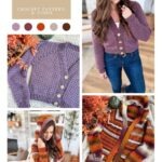 A collage displays The Suzette Raglan Cardigan in purple and multicolor, shown flat and worn by a woman, with its signature Suzette Raglan crochet pattern and color swatches included.