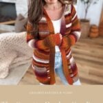 A woman wears the Suzette Raglan, a striped, multicolored crocheted cardigan and white top, standing in a cozy living room. Text reads: "The Suzette Raglan Cardigan. mjsoffthehookdesigns.com.