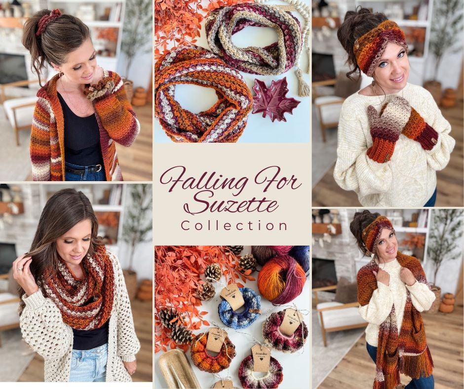 Collage showing a woman modeling knitted scarves, headbands, and mittens in autumn colors, with close-up images of the accessories and the text "Falling For Suzette Collection" by MJs Off The Hook Designs.