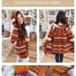 Collage featuring a woman modeling the Suzette Raglan crochet cardigan with stripes and hood, plus close-up details. Labeled "The Suzette Raglan Cardigan Crochet Pattern & Video.