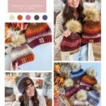 Collage showing a woman modeling and holding Chunky Suzette Stitch Beanies with faux fur pom-poms in various colors, along with close-ups of the beanies arranged on a surface.