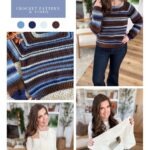 Collage showing a woman modeling a striped crocheted sweater, close-ups of its stitches, and the sweater in progress. Text highlights it as the Suzette Raglan Sweater crochet pattern.