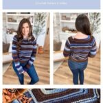A woman models a striped, blue and brown Suzette Stitch Raglan crochet pullover; close-up shows the chunky stitch detail. Text reads, "Chunky Suzette Stitch Raglan Pullover - Crochet Pattern & Video.