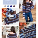A woman wears a blue, brown, and white striped Suzette Stitch Raglan crochet pullover. Included are yarn skeins, color swatches, close-ups of the sweater, and pattern information.