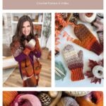 Collage showing a woman wearing crocheted fingerless gloves and mittens, close-ups of the mittens on a table, and balls of colorful yarn. Text reads "Chunky Suzette Stitch Mittens.