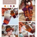 Collage showcasing a woman modeling crocheted mittens, fingerless gloves, a scarf, and a headband in autumn colors, along with close-ups of the cozy crochet accessories and yarn.