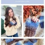 Collage showing chunky Suzette stitch fingerless gloves and mittens in blue, brown, and purple tones, modeled by a woman and displayed on a knitted surface. Text promotes crochet pattern and video.