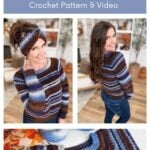 Woman modeling the Suzette Raglan, a striped crocheted sweater and matching headband in blue, brown, and cream tones, with a close-up of the sweater and yarn displayed below.