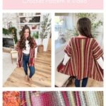 A woman models a striped, multicolored ruana in a living room and by a window; swatches of the crochet fabric are shown below. Text reads: "The Suzette Ruana Crochet Pattern & Video, inspired by the classic Suzette Raglan.