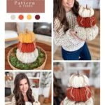 A woman holds and displays crocheted Harvest Pumpkins in chunky orange, cream, and mustard colors; a basket of these festive harvest pumpkins is also shown.