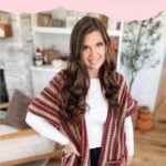Woman wearing a striped, handmade crochet ruana in a living room, with text above reading "The Suzette Ruana Crochet Pattern & Video," inspired by the popular Suzette Raglan stitch.