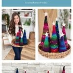 A woman holds vibrant crocheted Holiday Trees; additional colorful Holiday Trees with stars on top are displayed in baskets and on a mantle.
