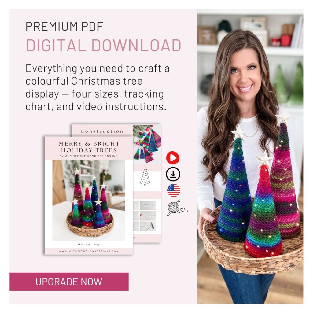 Woman holding colorful knit Christmas trees beside a display of a digital download for a Christmas tree craft PDF, featuring upgrade and language icons—perfect inspiration for your next crochet or Free Crochet pattern project.