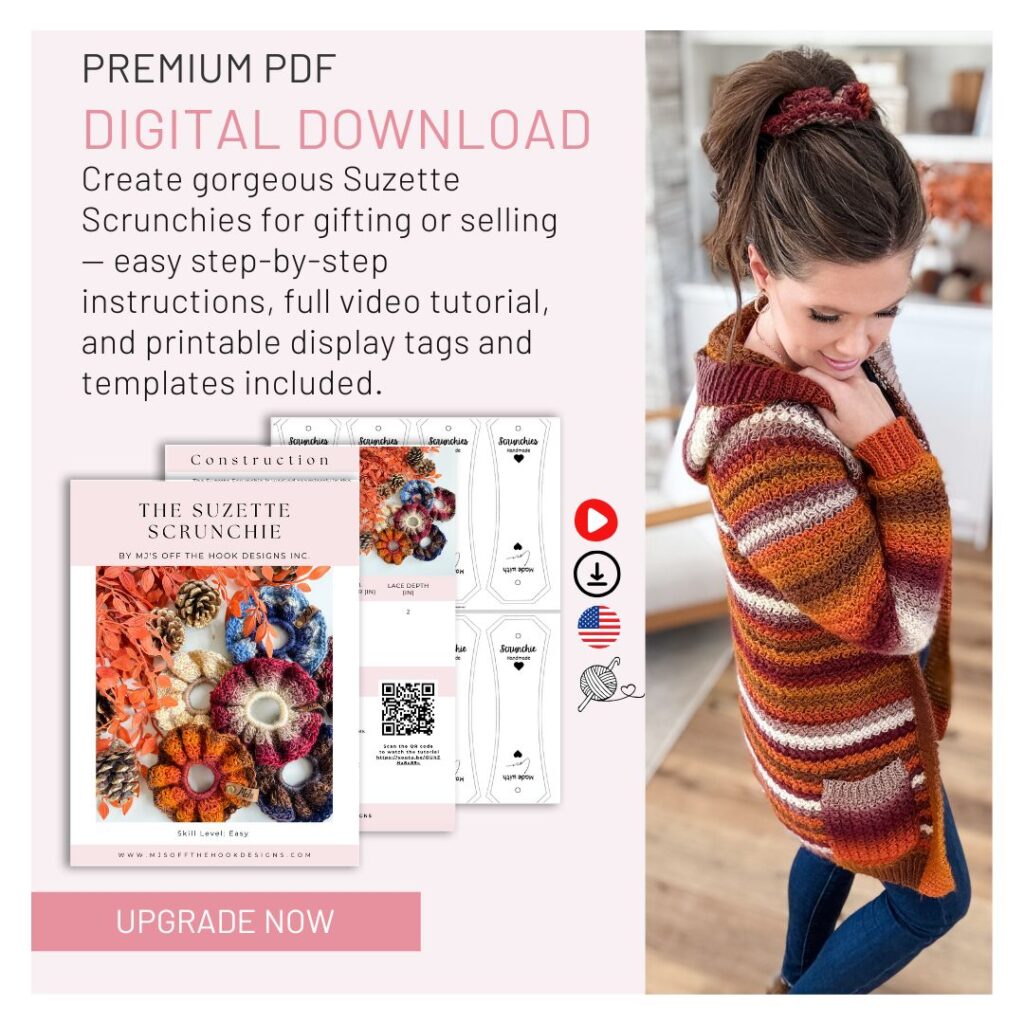 Woman wearing a striped cardigan looks down beside a digital PDF pattern for making Suzette crochet scrunchies, with printable tags and an upgrade button visible.