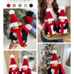 Collage featuring Santa Penguin crochet Christmas dolls with hats and scarves, a woman holding two dolls, and a decorated Christmas tree in the background. Pattern by mjsoffthehookdesigns.com.