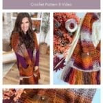 Collage featuring a woman in a chunky, multicolored Pocket Shawl with pockets and fringe, plus close-ups of the shawl and yarn. Text reads "Chunky Suzette Stitch Pocket Shawl.