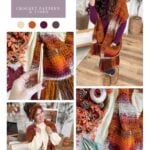 A woman models a chunky, multicolored pocket shawl in autumn tones. Close-ups highlight yarn, crochet hook, and shawl details. Text mentions a Pocket Shawl pattern and video tutorial for making your own cozy accessory.