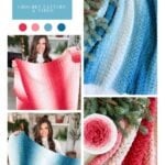 Collage showing two women holding crocheted 2-day throw blankets in pink and blue gradients, close-ups of blanket textures, and rolled-up throws, promoting a crochet pattern and video.