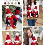 A woman holds two crocheted Santa Penguin Christmas toys, each wearing red hats and scarves. Close-ups highlight the penguins' designs and yarn colors. Free pattern is mentioned.