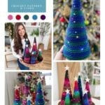 Collage showing colorful crocheted Holiday Trees with star toppers, LED lights, and a woman holding several trees; pattern and video available from MJ's Off The Hook Designs.