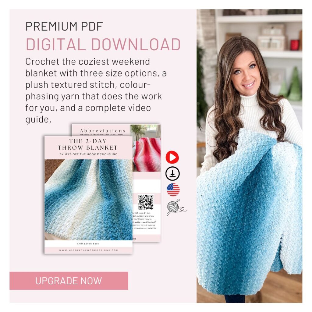 A woman holds a blue and white crocheted blanket. The image promotes a digital PDF crochet pattern for making a throw blanket, with upgrade and download options shown. Perfect for crochet enthusiasts seeking their next cozy project!.