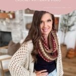 A woman wearing a chunky Infinity Scarf and a cream cardigan stands indoors, smiling, with home decor and plants in the background. Text above reads "Chunky Suzette Stitch Infinity Scarf.