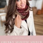 Woman wearing a chunky, multicolored Infinity Scarf and a light-colored jacket, standing in a cozy, decorated indoor setting. Text overlay promotes an Infinity Scarf crochet pattern and video.