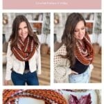 A woman models a chunky infinity scarf in autumn colors, crafted with the Suzette stitch. Close-up shots highlight the cozy design and a decorative leaf dish, emphasizing the warmth and style of this handmade infinity scarf.