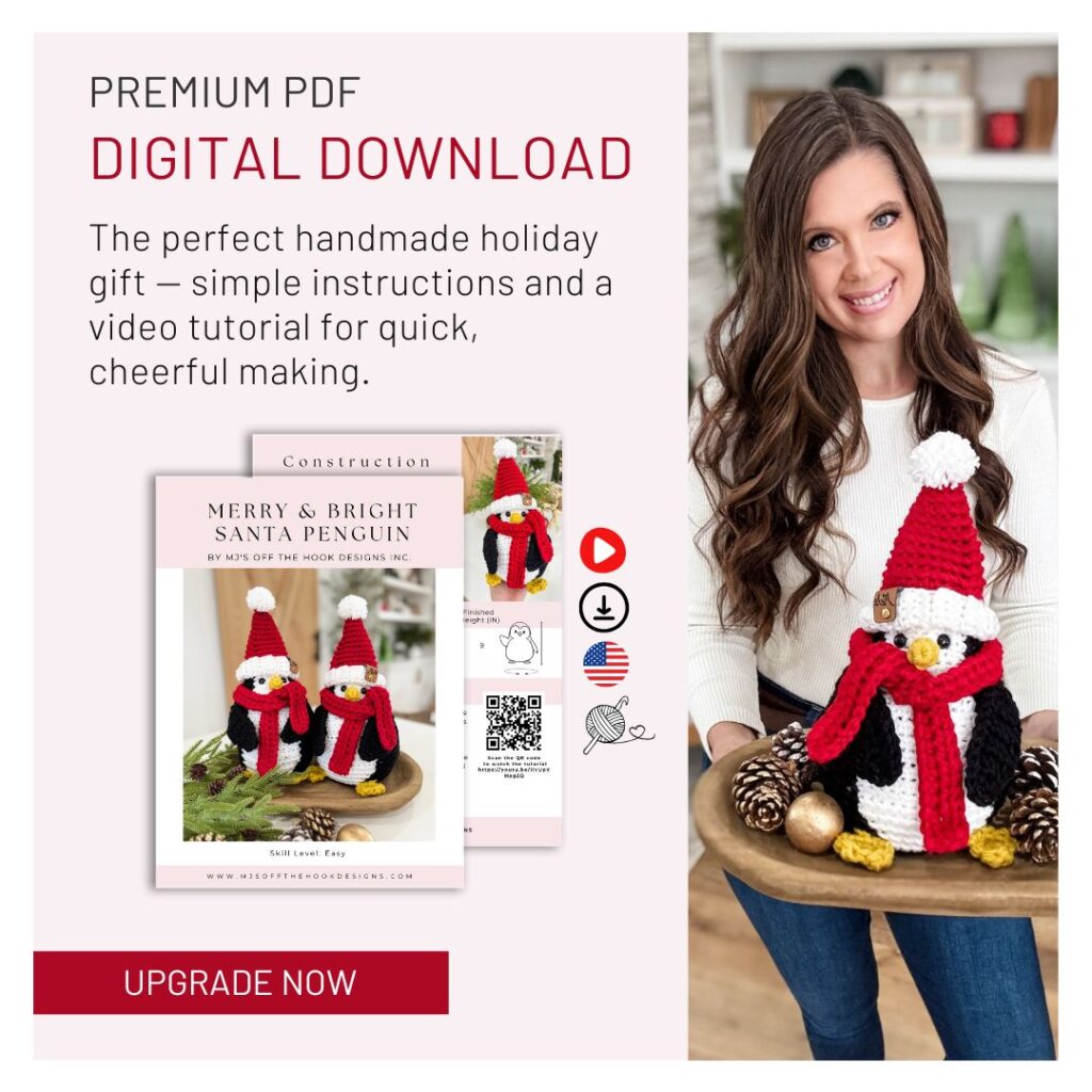 A woman holds a crocheted Santa penguin. Next to her, an advertisement promotes a premium PDF digital download for making the holiday craft—with instructions, video tutorial, and a bonus Free Crochet Pattern for a Chunky Suzette Ear Warmer.