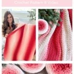 Collage showing a woman holding a pink and white 2-day throw crocheted blanket, with close-up images of the blanket and matching yarn cakes. Text reads: "The 2-Day Throw Crochet Pattern & Video.
