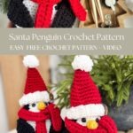 Two Santa Penguin crochet dolls, each wearing red Santa hats and scarves, are displayed beside knitting needles and a small tree-shaped tray.
