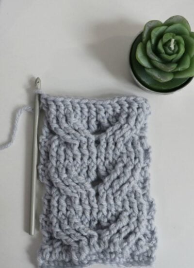A partially crocheted gray swatch with a textured pattern, a crochet hook, and a small potted succulent on a white surface.