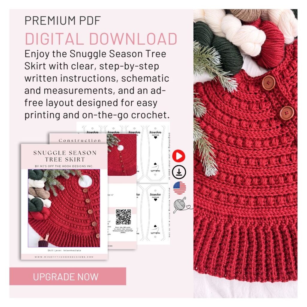 Promotional graphic for a digital Tree Skirt knitting pattern download featuring a red knit tree skirt, yarn, pine branches, and icons for PDF, language, printer, and accessibility features.