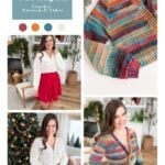 Collage featuring the Winter Spark Cardigan in multiple colors and settings, modeled by women indoors. Cardigan crochet pattern and video details are displayed for easy reference.