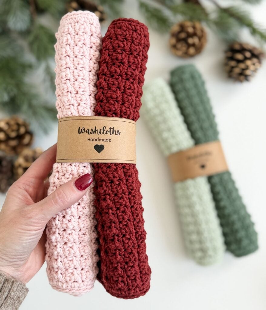 A hand holds two rolled, handmade dishcloths in pink and red, each wrapped with a brown label. In the background, another set of green dishcloths is visible, nestled beside pinecones and greenery.