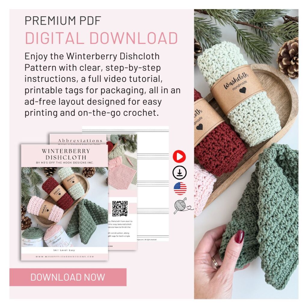 Promotional image for a digital Winterberry Dishcloth crochet pattern PDF, showcasing yarn, a crocheted dishcloth, printable tags, pattern pages, and a download button.